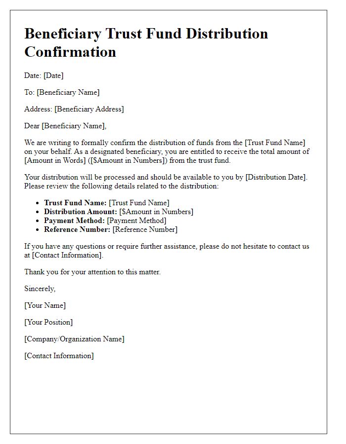 Letter template of beneficiary trust fund distribution confirmation.