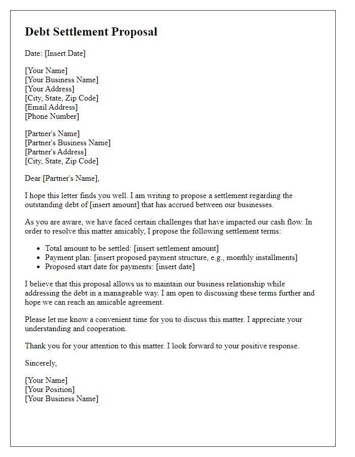 Letter template of debt settlement proposal for a business partner.