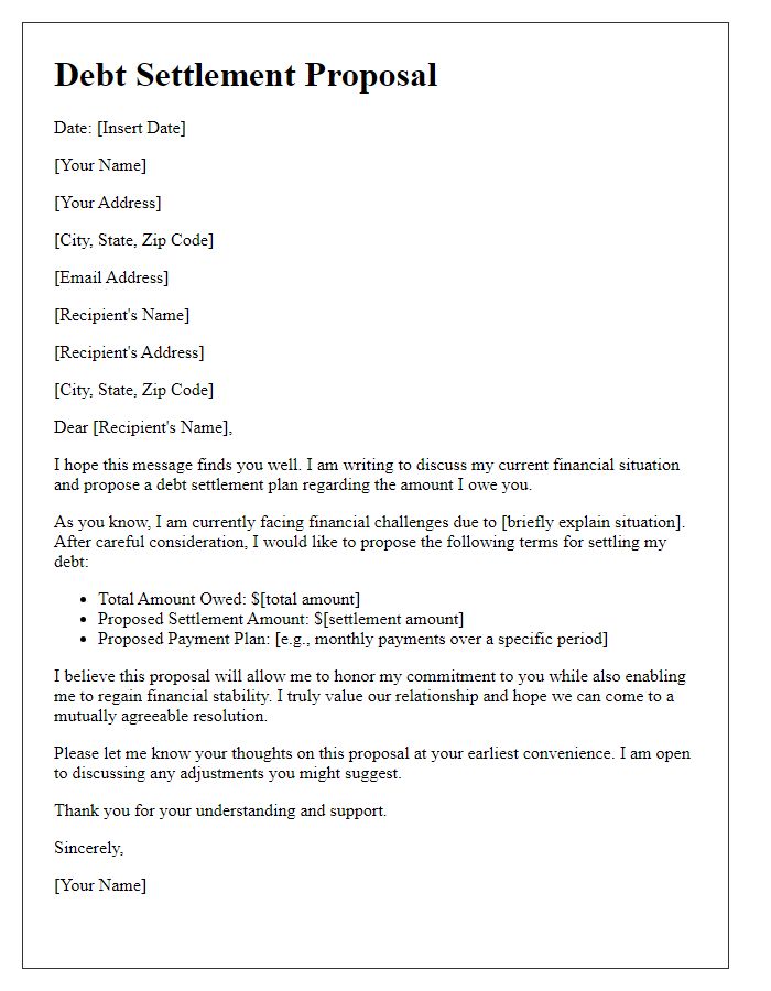 Letter template of debt settlement proposal for a family member.