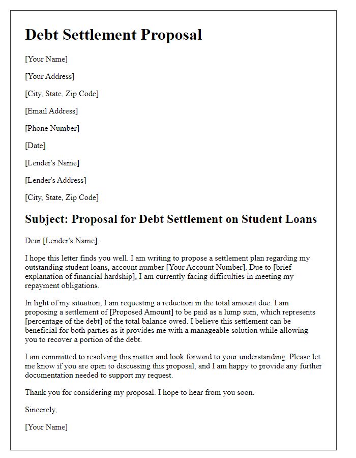 Letter template of debt settlement proposal for student loans.