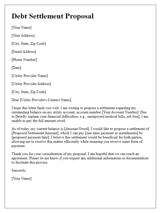 Letter template of debt settlement proposal for a utility provider.