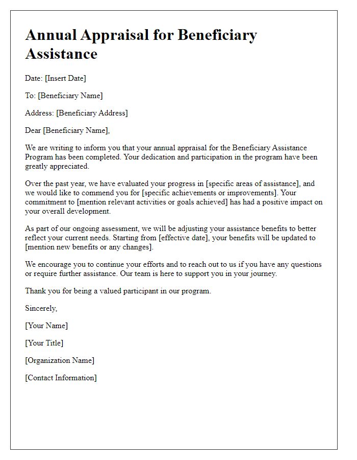 Letter template of Annual Appraisal for Beneficiary Assistance