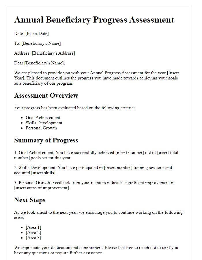 Letter template of Annual Beneficiary Progress Assessment