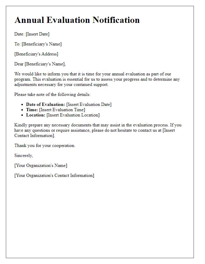 Letter template of Beneficiary Annual Evaluation Notification