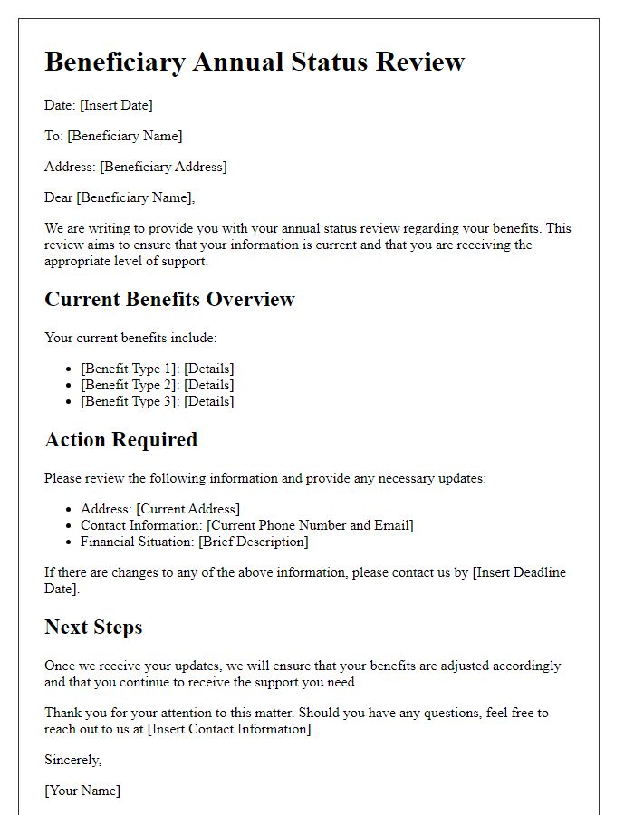 Letter template of Beneficiary Annual Status Review