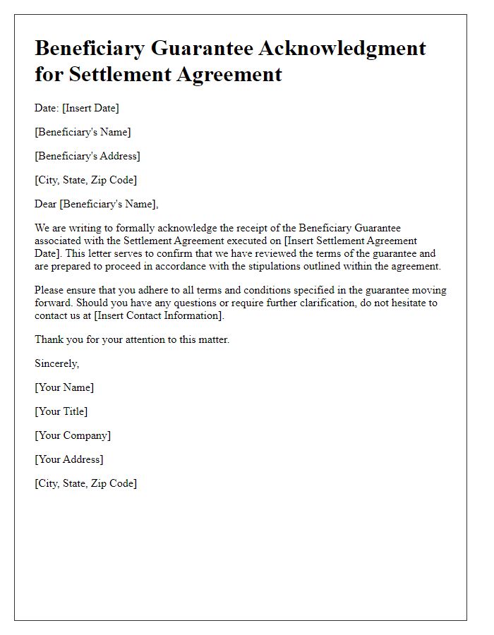 Letter template of Beneficiary Guarantee Acknowledgment for Settlement Agreement