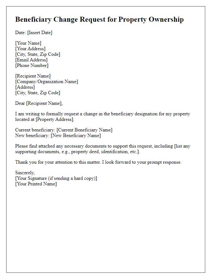 Letter template of beneficiary change request for property ownership