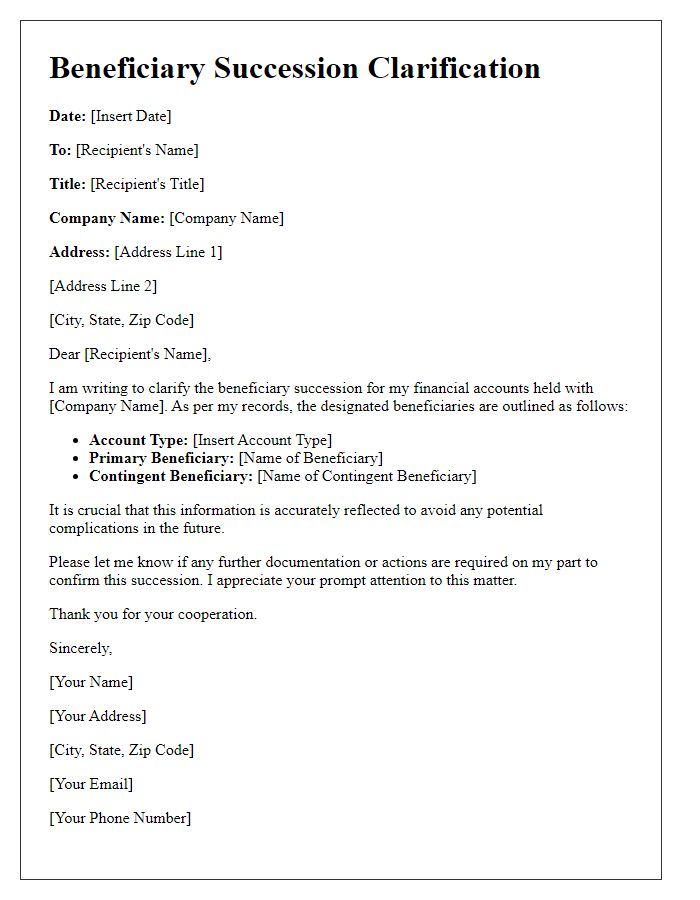 Letter template of beneficiary succession clarification for financial accounts