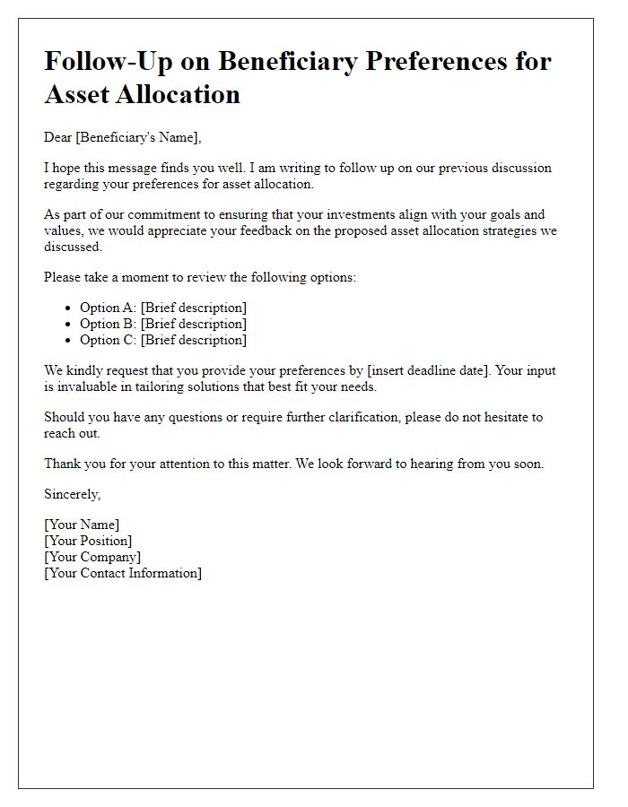 Letter template of follow-up on beneficiary preferences for asset allocation