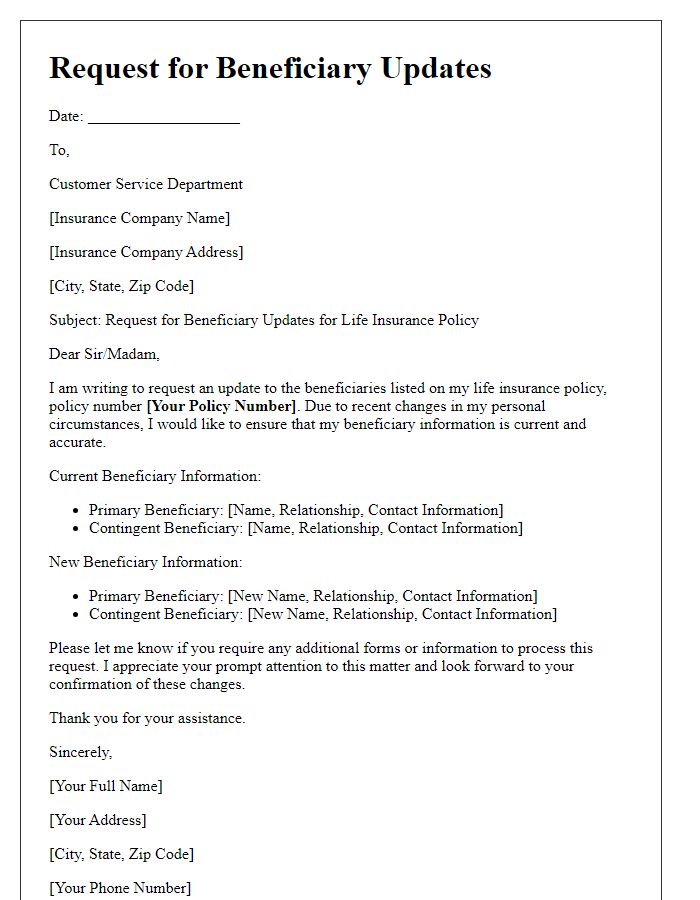 Letter template of request for beneficiary updates in life insurance policy