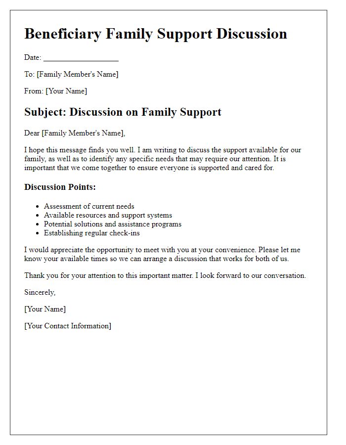 Letter template of beneficiary family support discussion