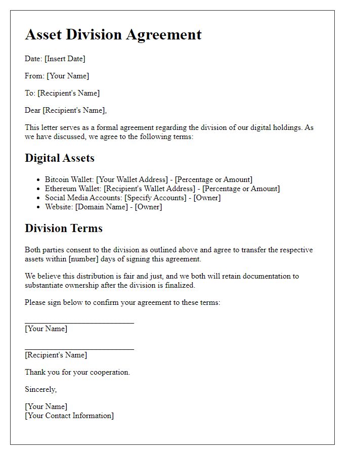 Letter template of asset division for digital holdings