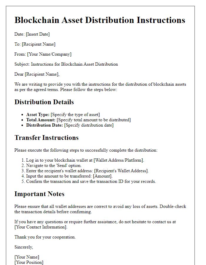 Letter template of blockchain asset distribution instructions