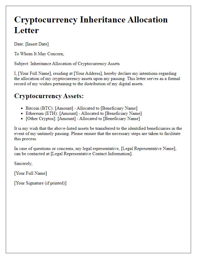 Letter template of cryptocurrency inheritance allocation