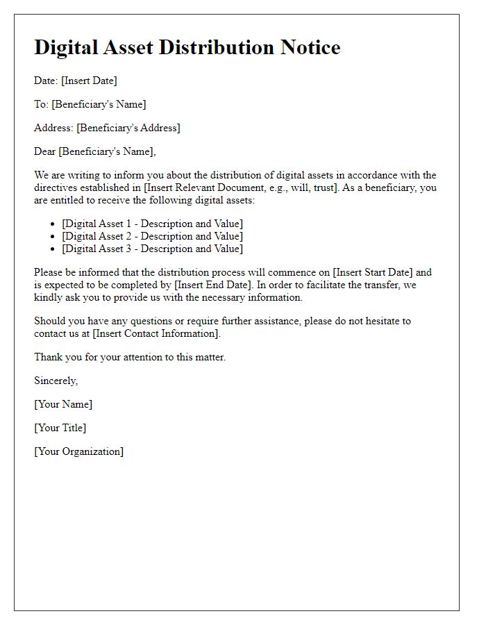 Letter template of digital asset distribution for beneficiaries