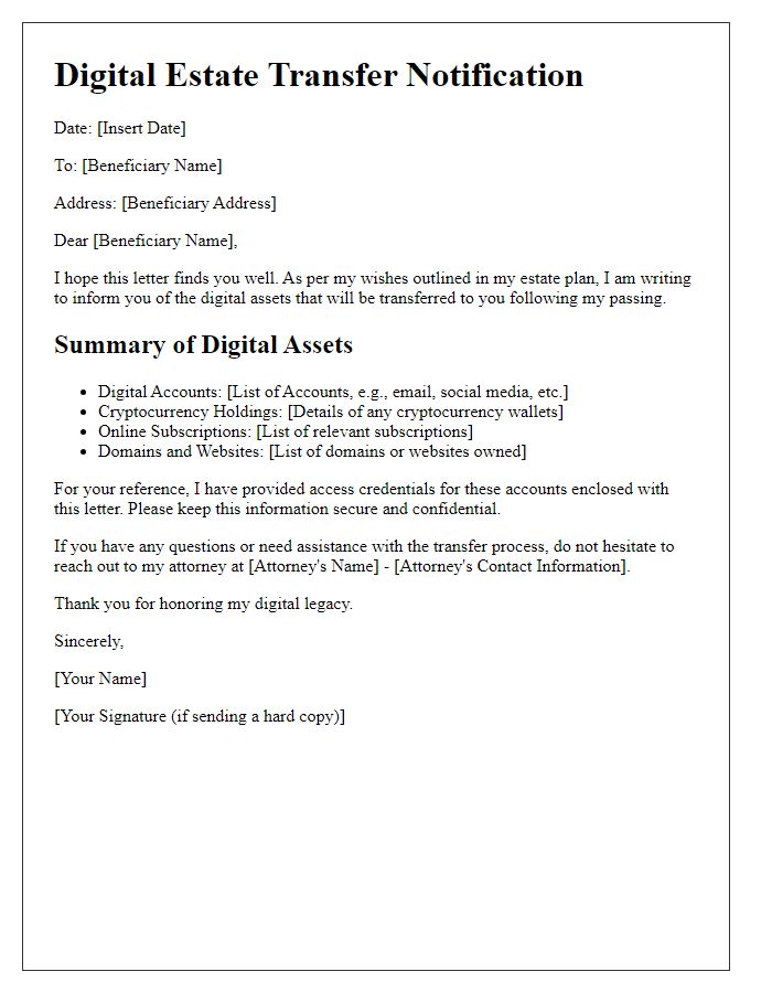 Letter template of digital estate transfer to beneficiaries