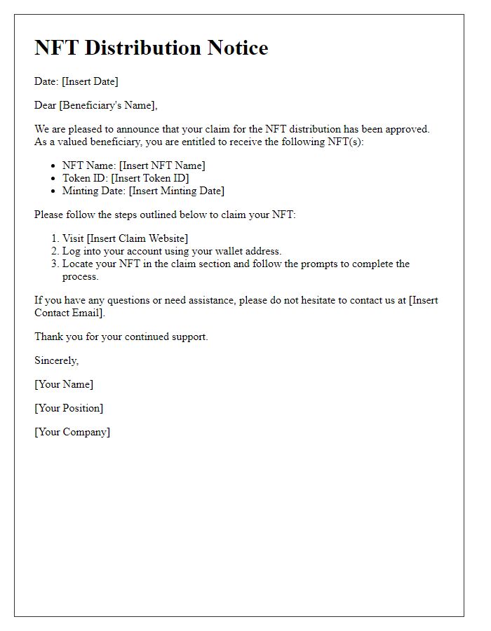 Letter template of NFT distribution for beneficiary claims