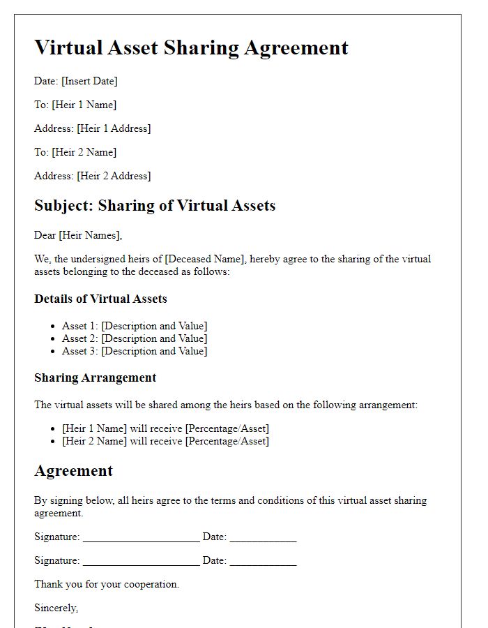 Letter template of virtual asset sharing among heirs