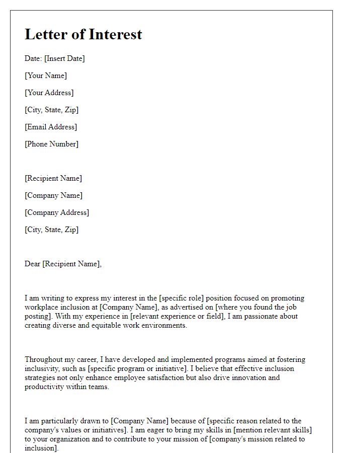 Letter template of expressing interest in a role promoting workplace inclusion.