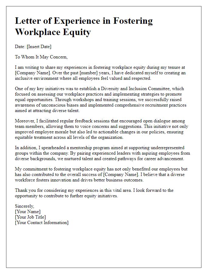 Letter template of highlighting experiences in fostering workplace equity.