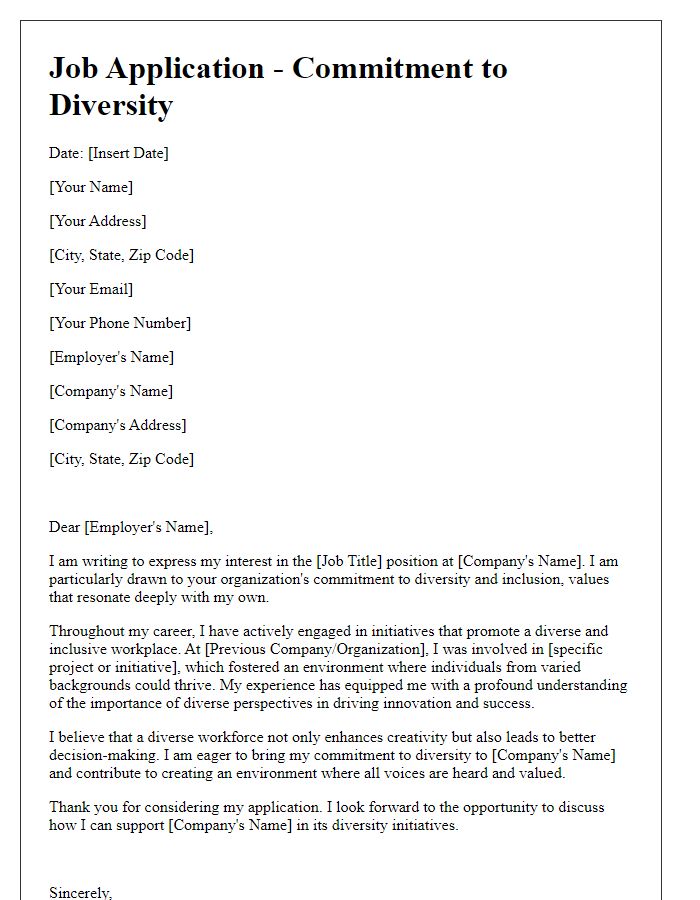 Letter template of showcasing commitment to diversity in a job application.