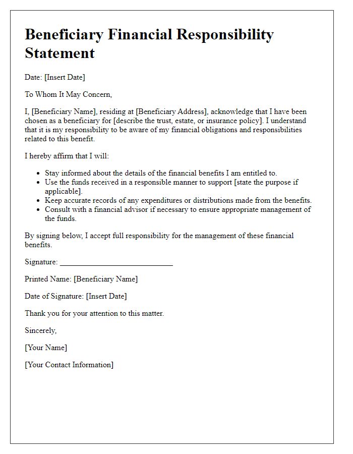 Letter template of beneficiary financial responsibility statement