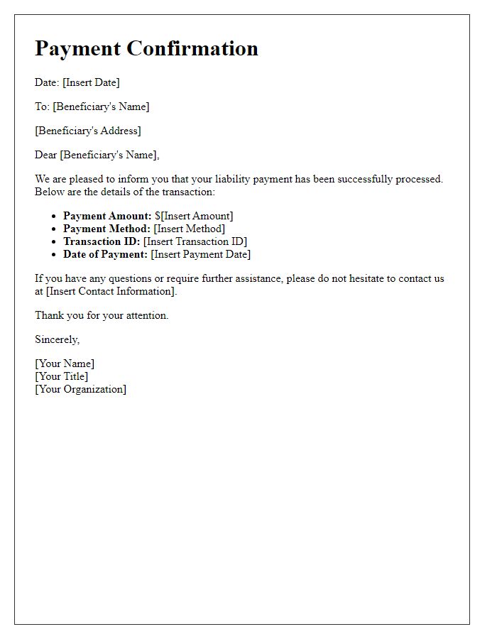 Letter template of beneficiary liability payment confirmation