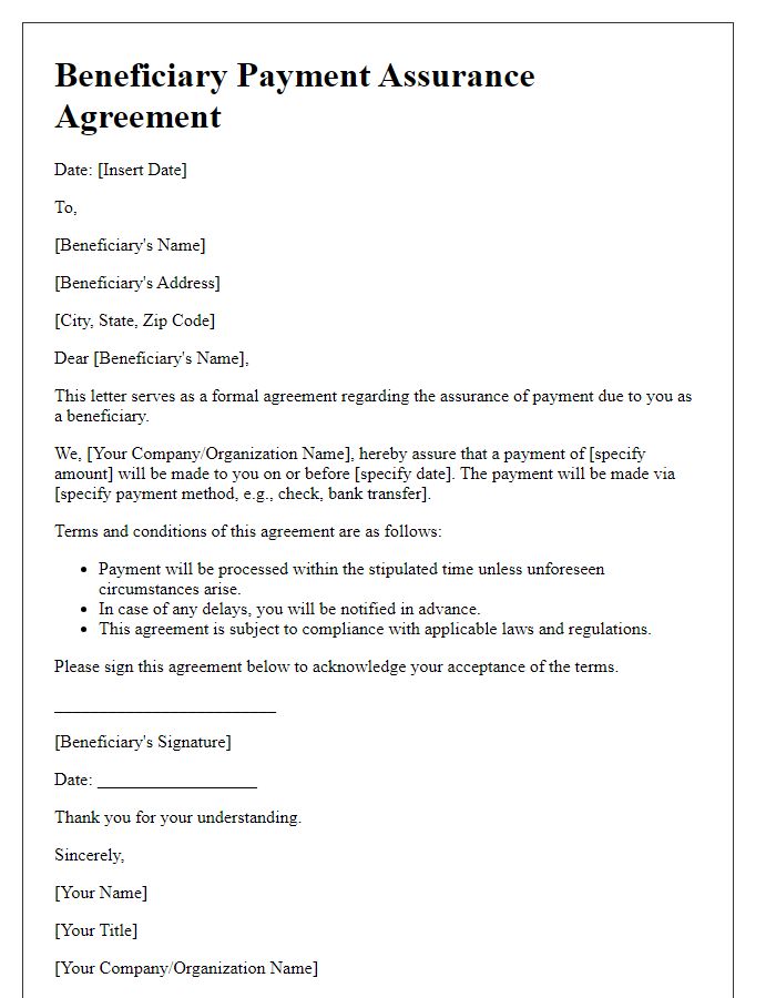 Letter template of beneficiary payment assurance agreement