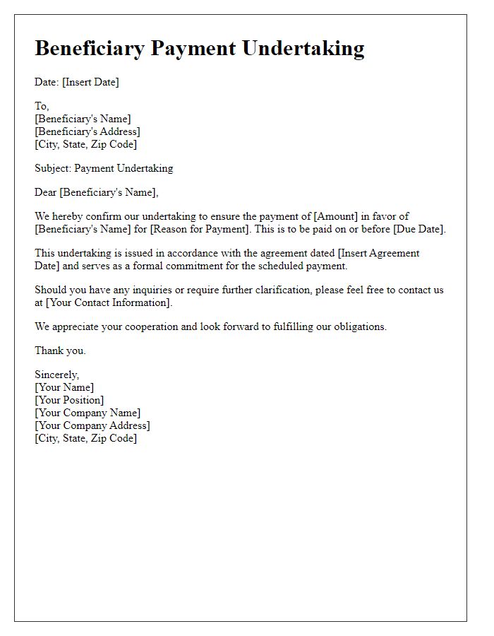 Letter template of beneficiary payment undertaking