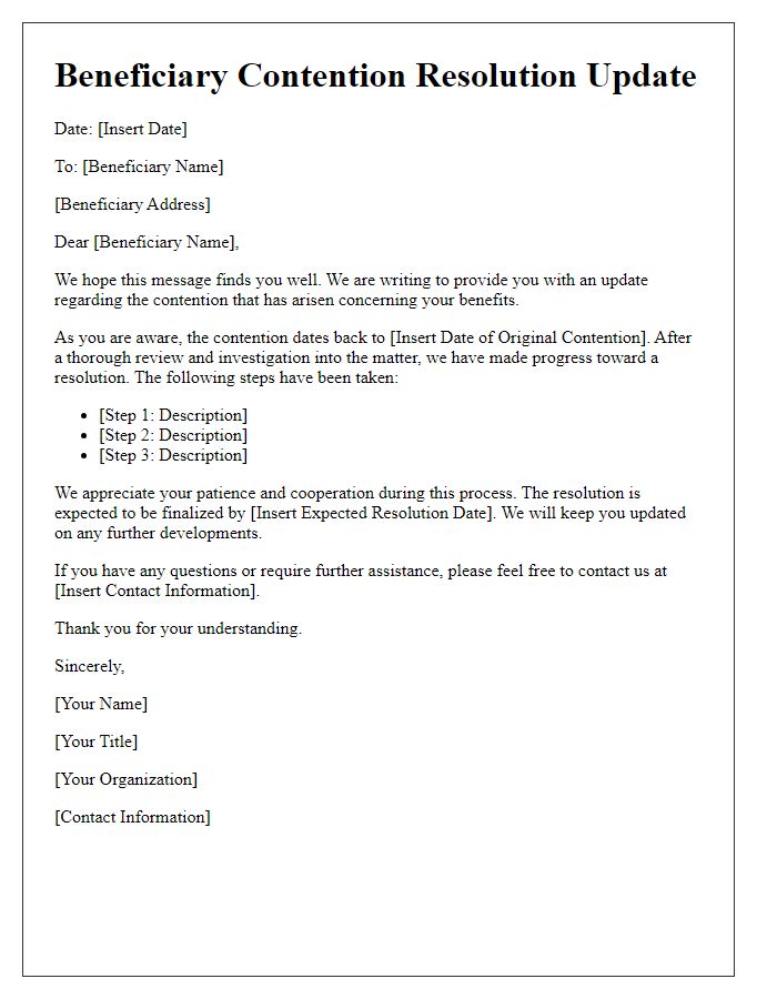 Letter template of beneficiary contention resolution update