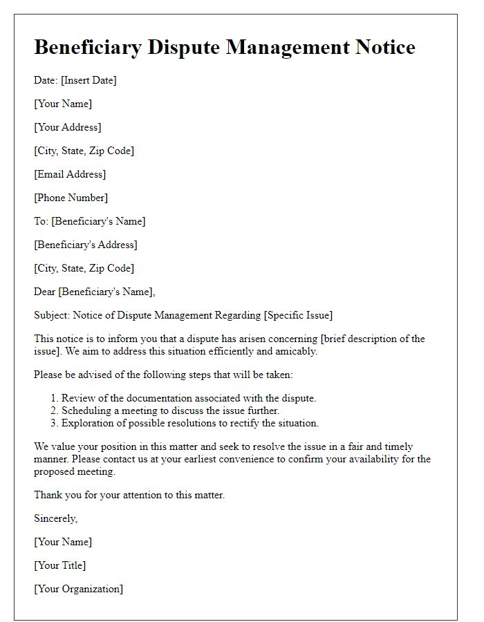 Letter template of beneficiary dispute management notice