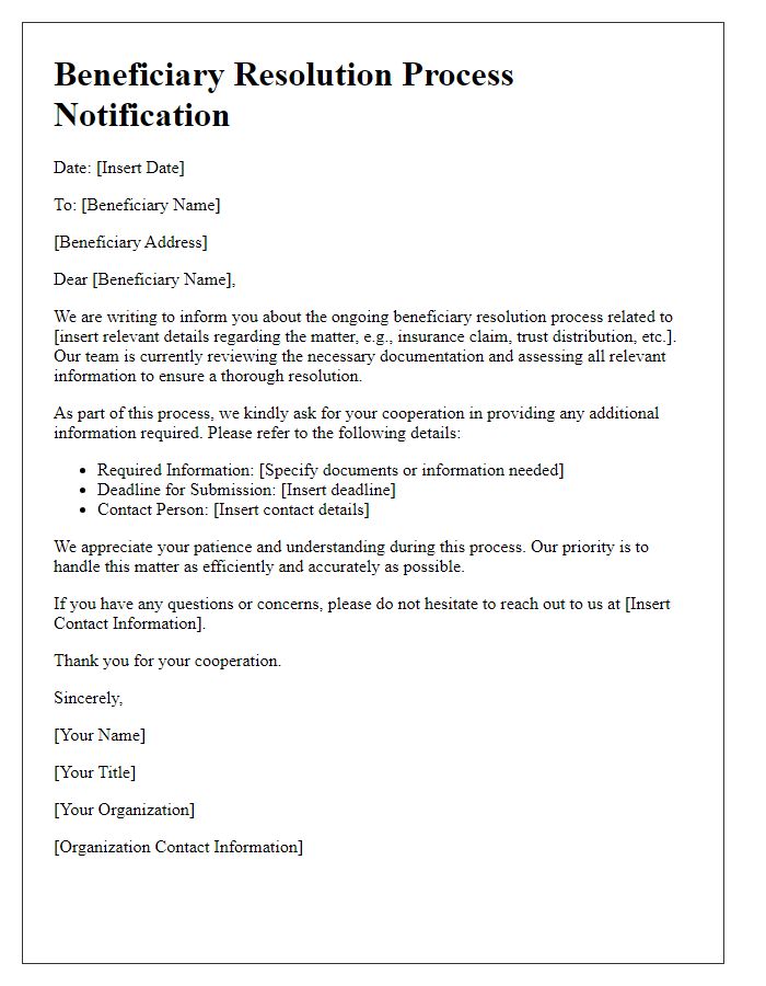 Letter template of beneficiary resolution process notification