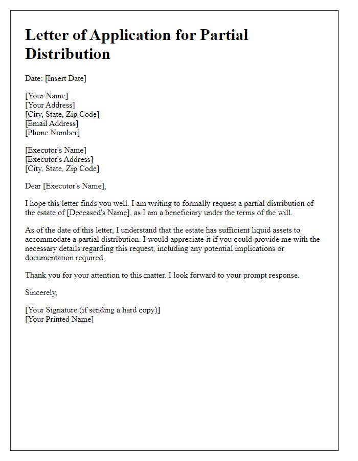 Letter template of application for partial distribution by beneficiary