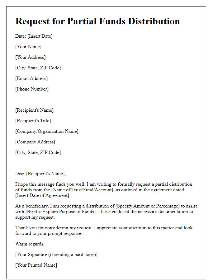 Letter template of beneficiary request for partial funds distribution