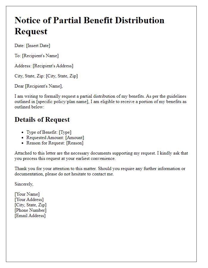 Letter template of notice for partial benefit distribution request