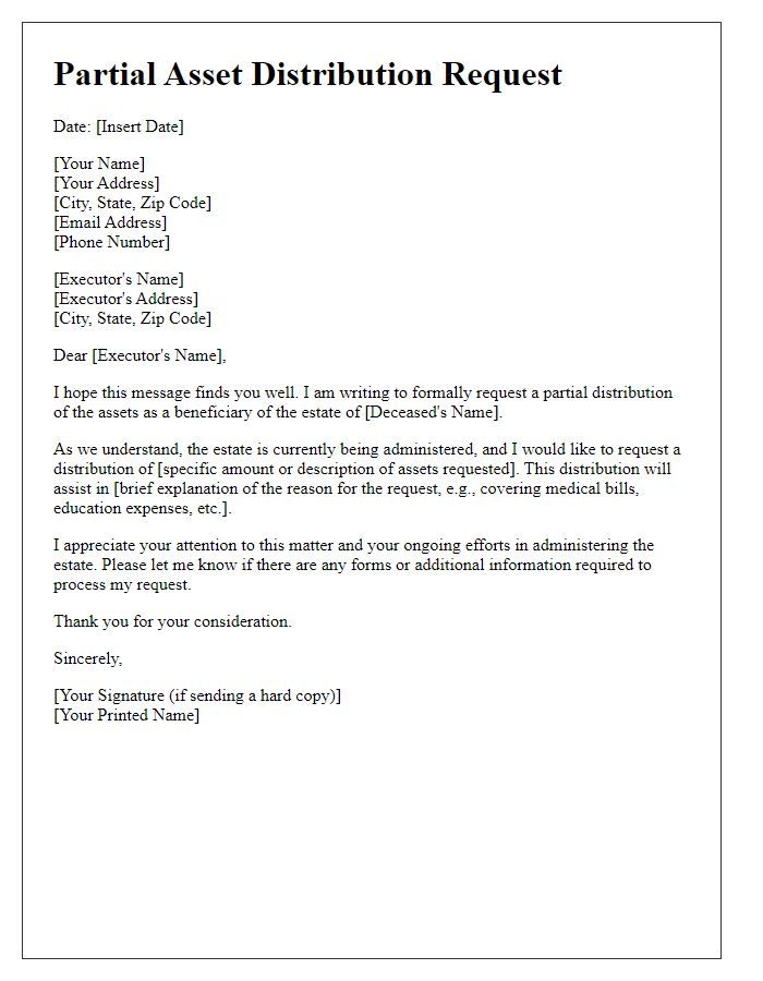 Letter template of partial asset distribution request for beneficiaries