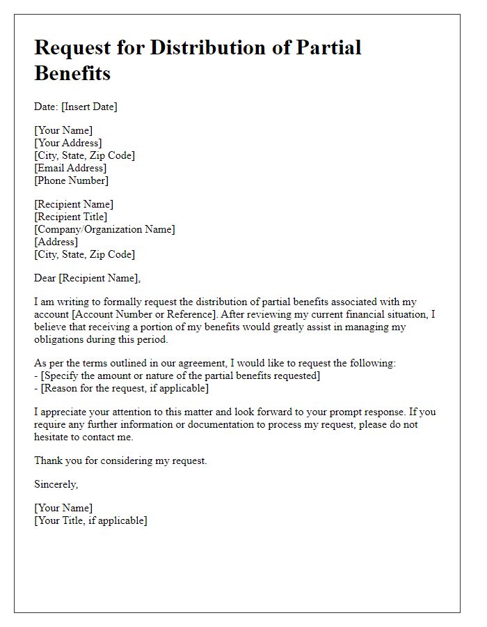 Letter template of request for distribution of partial benefits