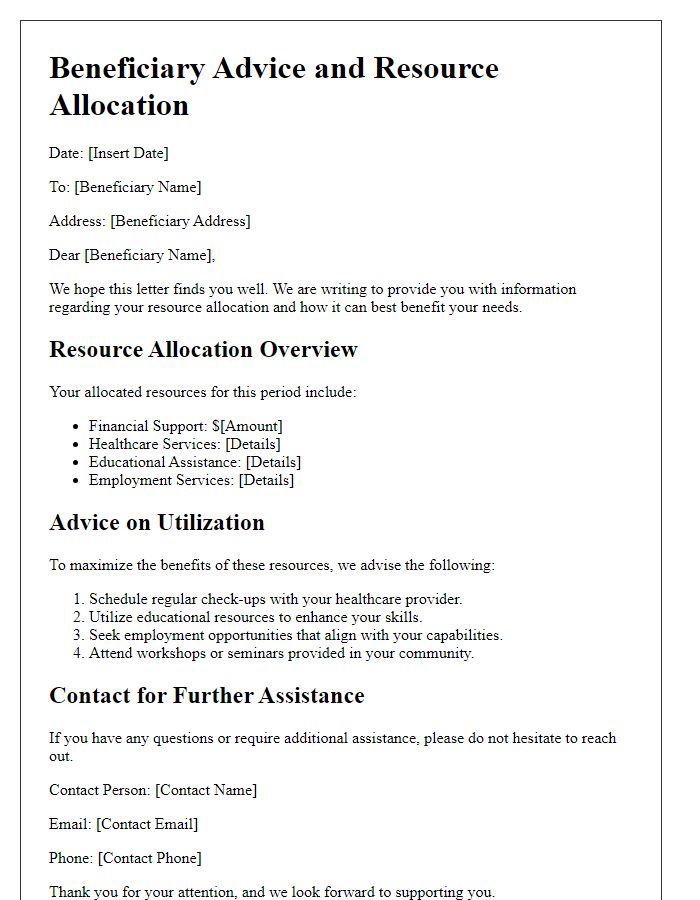 Letter template of beneficiary advice and resource allocation