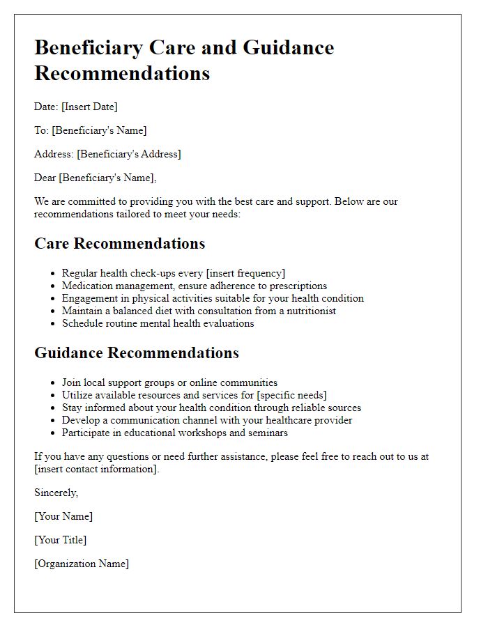 Letter template of beneficiary care and guidance recommendations