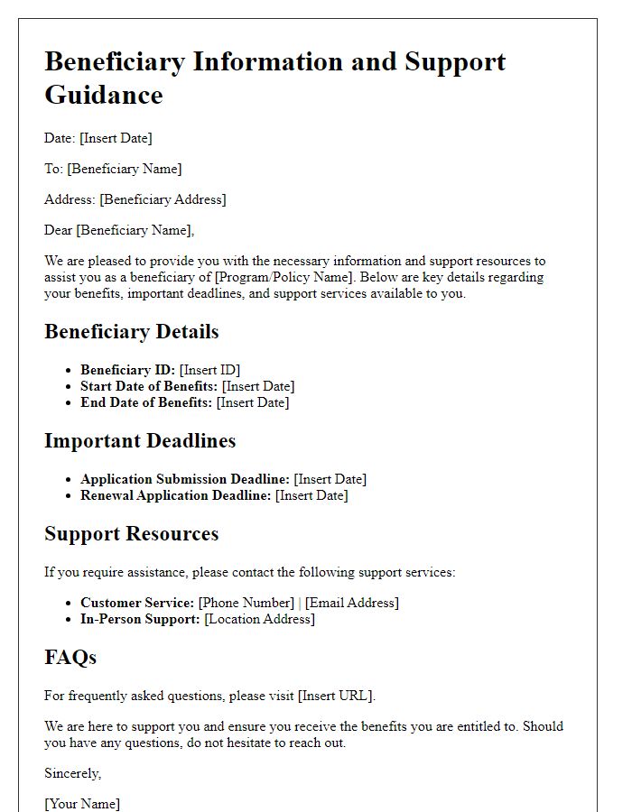 Letter template of beneficiary information and support guidance