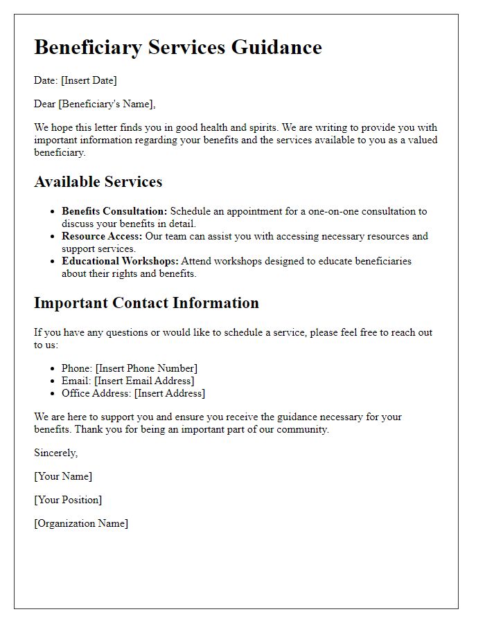 Letter template of beneficiary services and informational guidance