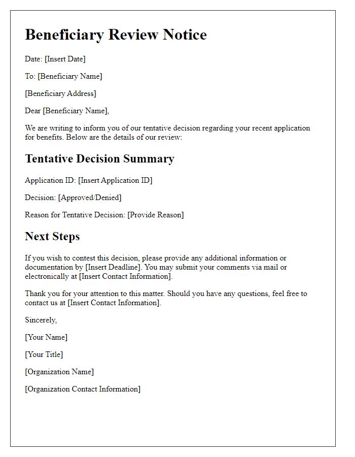 Letter template of beneficiary review notice for tentative decisions