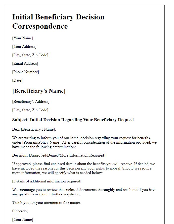 Letter template of initial beneficiary decision correspondence