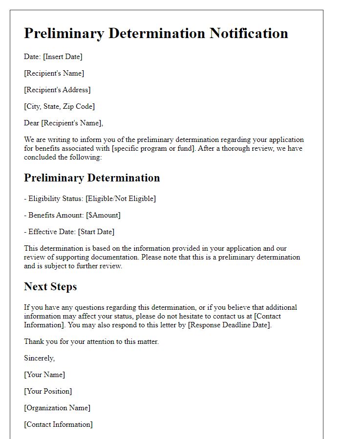 Letter template of preliminary determination for beneficiaries