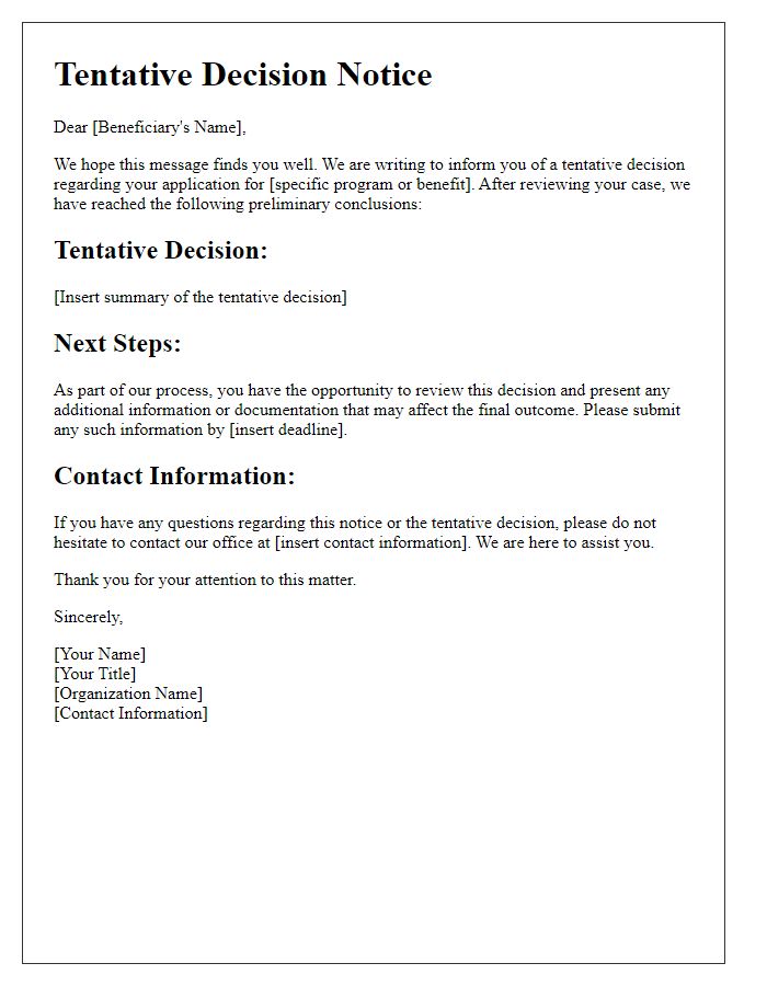 Letter template of tentative decision notice for beneficiaries