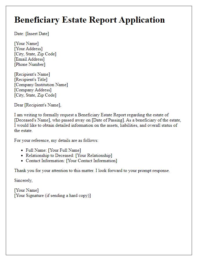 Letter template of beneficiary estate report application