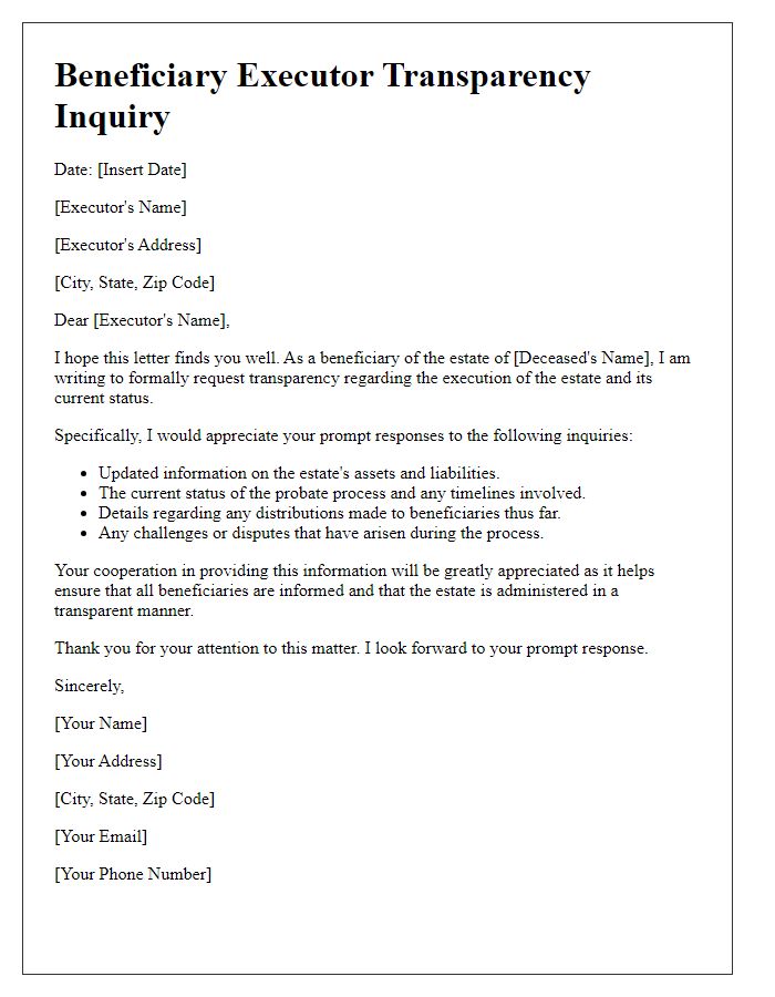 Letter template of beneficiary executor transparency inquiry