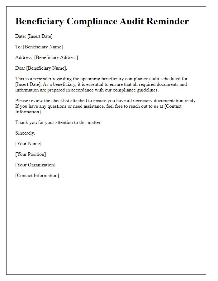 Letter template of beneficiary compliance audit reminder.