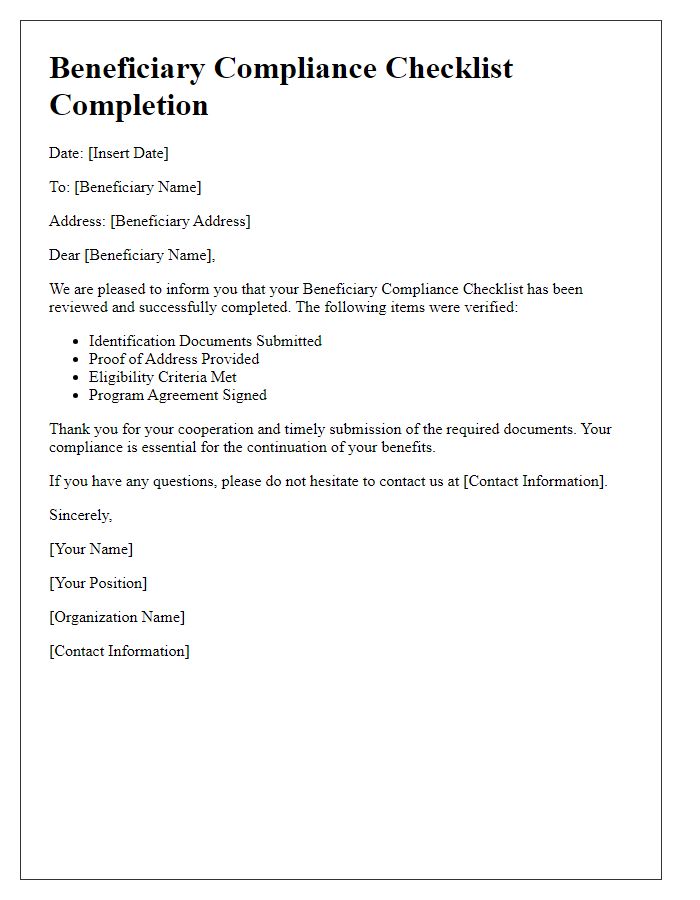 Letter template of beneficiary compliance checklist completion.