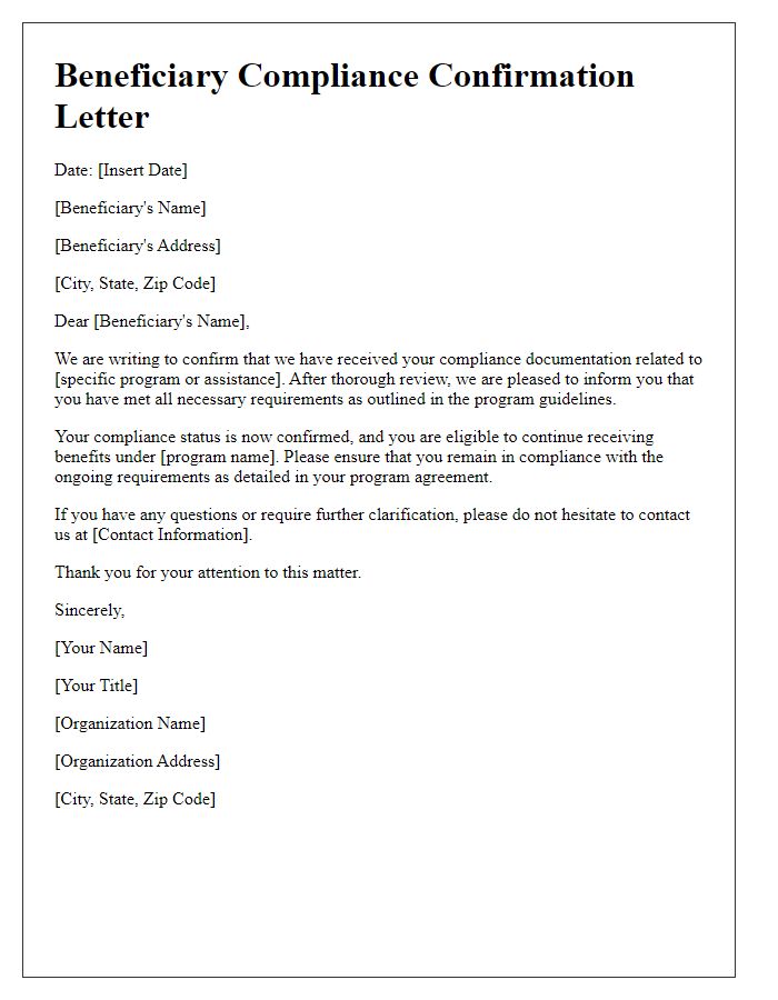 Letter template of beneficiary compliance confirmation letter.